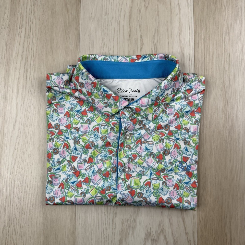 Good Good Golf Polo Shirt AOP Geometric Cocktails Watermelon Lime Mens Medium